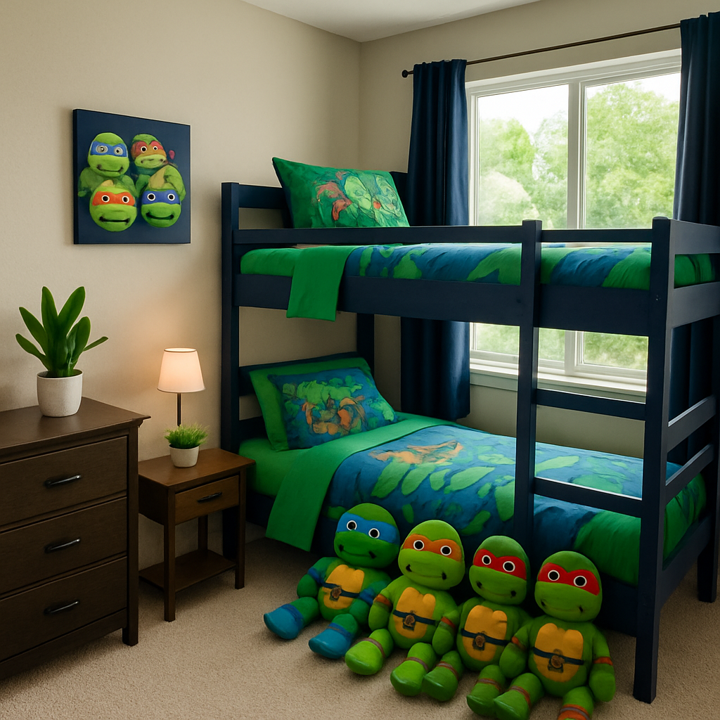 Teenage Mutant Ninja Turtles themed kids room with bunk bed and plush toys.