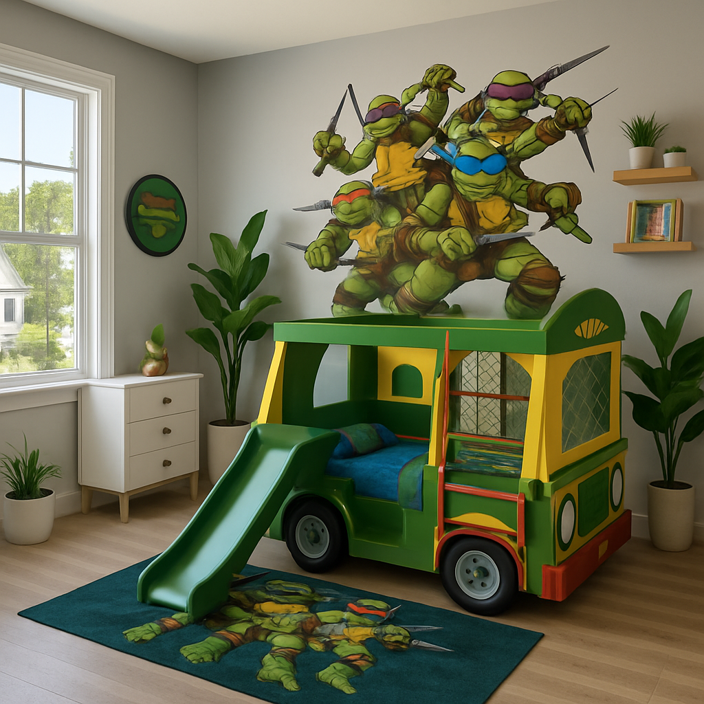 Ninja Turtle themed kid's room with a van bed, slide, and mural.