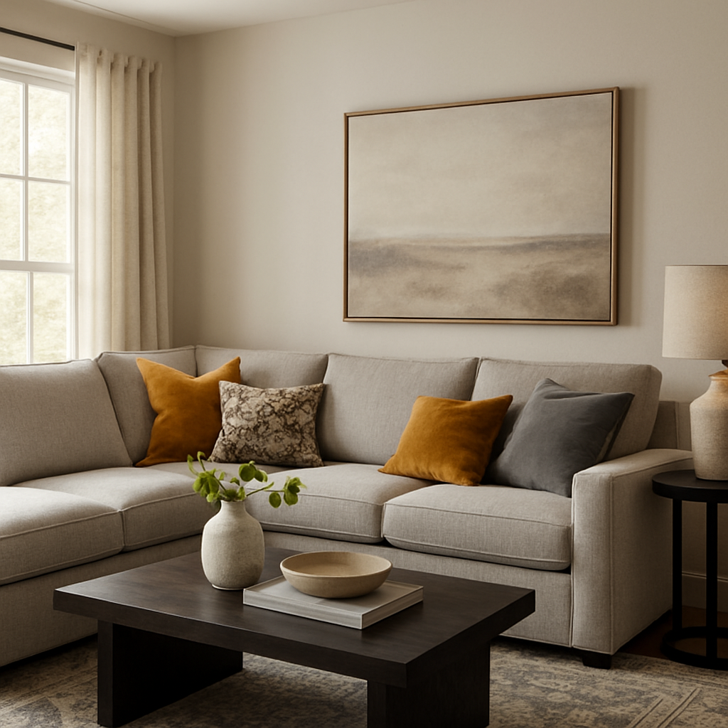 Pottery Barn living room with gray sectional, art, and modern coffee table.