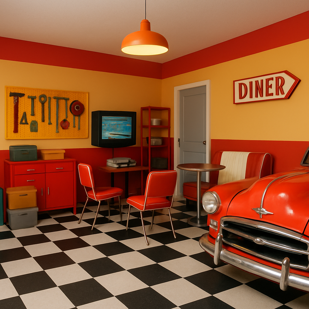 Retro garage interior with red car, diner sign, and checkerboard floor. "Diner" text visible.