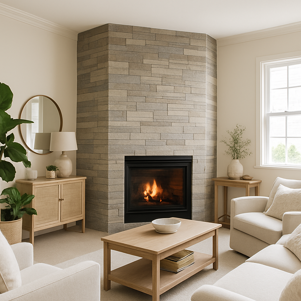 Cozy living room with a natural stone corner fireplace, light wood furniture, and a large plant.