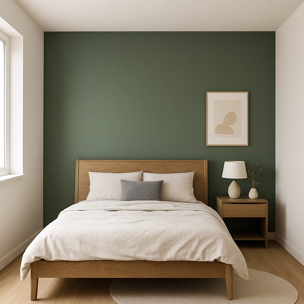 Modern bedroom with green accent wall, wooden bed frame, and minimalist decor.