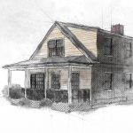 Watercolor sketch of a two-story house with a porch, ideal for an architecture portfolio.