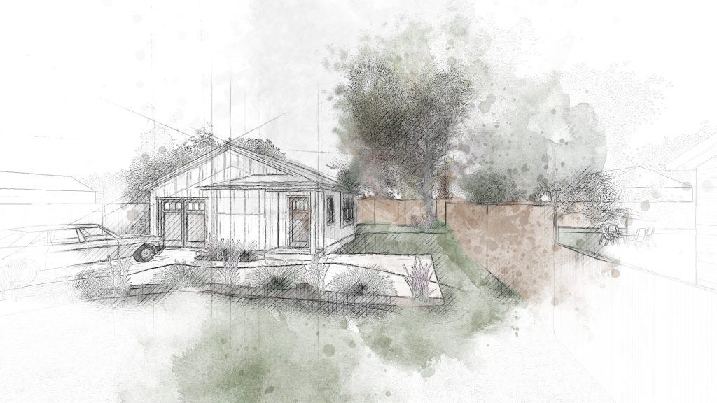 Architecture portfolio sketch: House with yard, fence, and car.