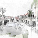 Luxury house plans showcasing a modern home with a pool and palm trees in a watercolor sketch style.