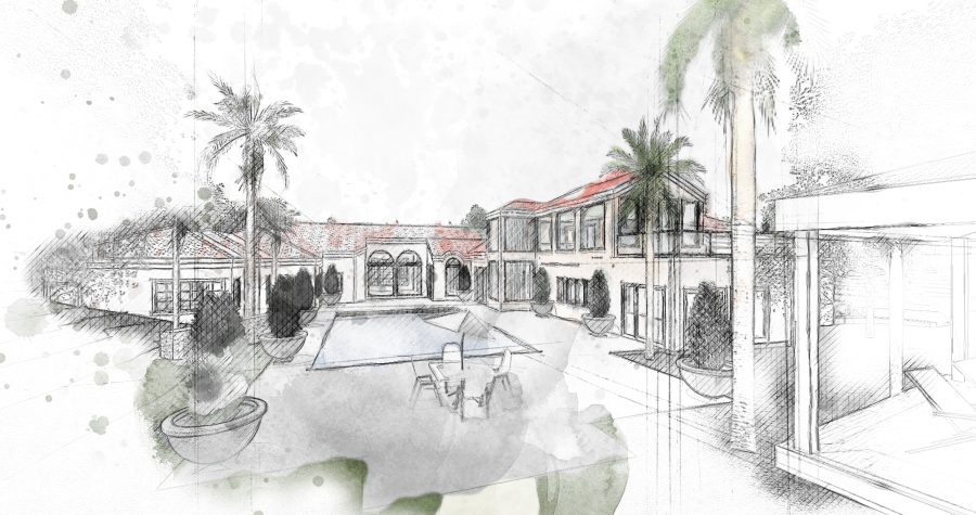 Luxury house plans showcasing a modern home with a pool and palm trees in a watercolor sketch style.