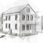 Architecture portfolio sketch: Two-story house with car.