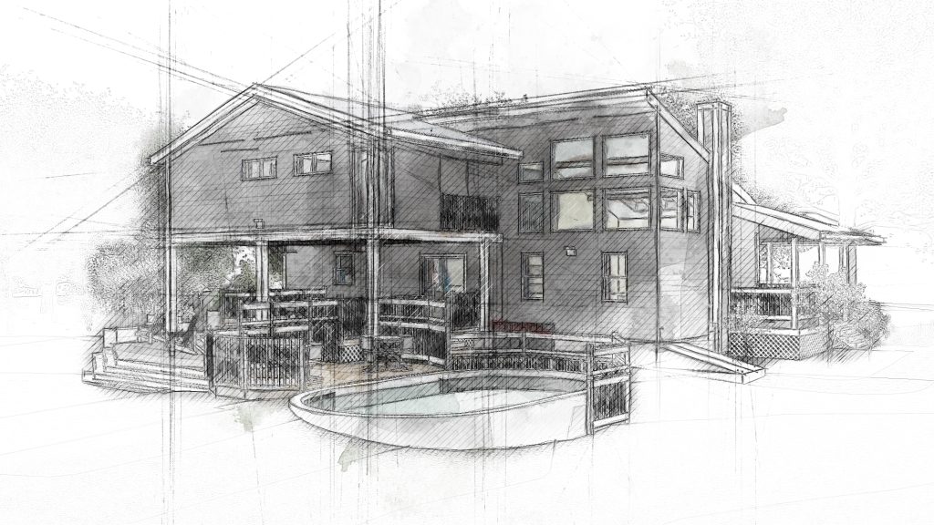 Custom home design in Freetown, featuring a unique architectural style and outdoor pool.