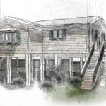 Watercolor sketch of a coastal home on stilts, showcasing architectural portfolio design.