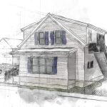 Architecture portfolio sketch of a two-story house with car and exterior staircase.