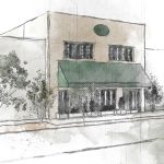 Building sketch with green awning. A building evaluation may require a site visit like this.