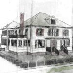 Architecture portfolio image: Sketch of a large, detailed house with a yard and garden.
