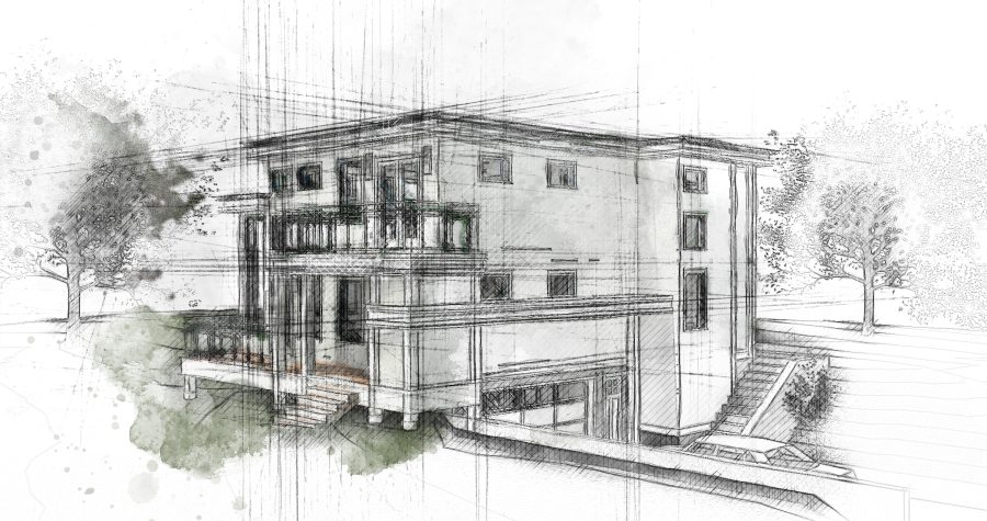 Architectural rendering of a modern house design, part of an architecture portfolio.