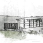 Architectural rendering of a modern building, showcasing a design for an architecture portfolio.