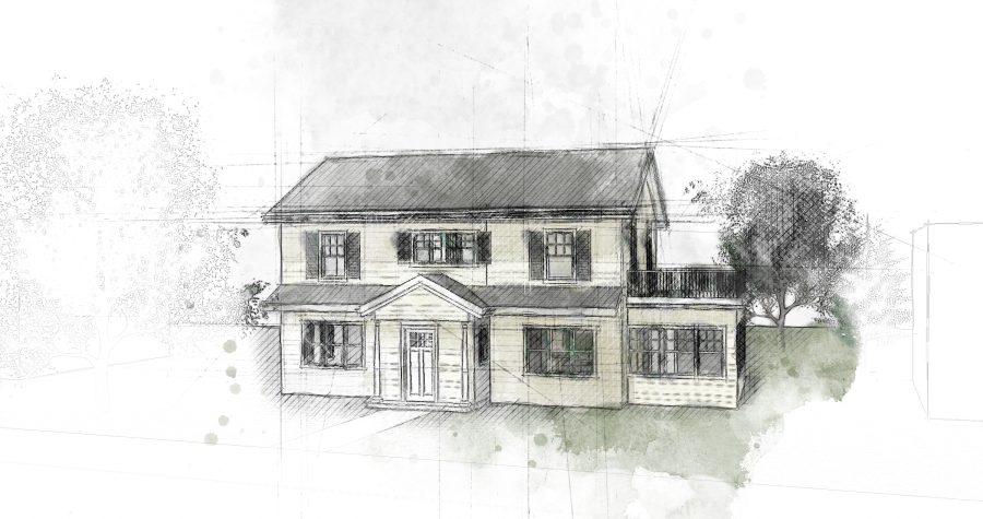 Architecture portfolio: Watercolor sketch of a two-story house with a balcony and surrounding trees.
