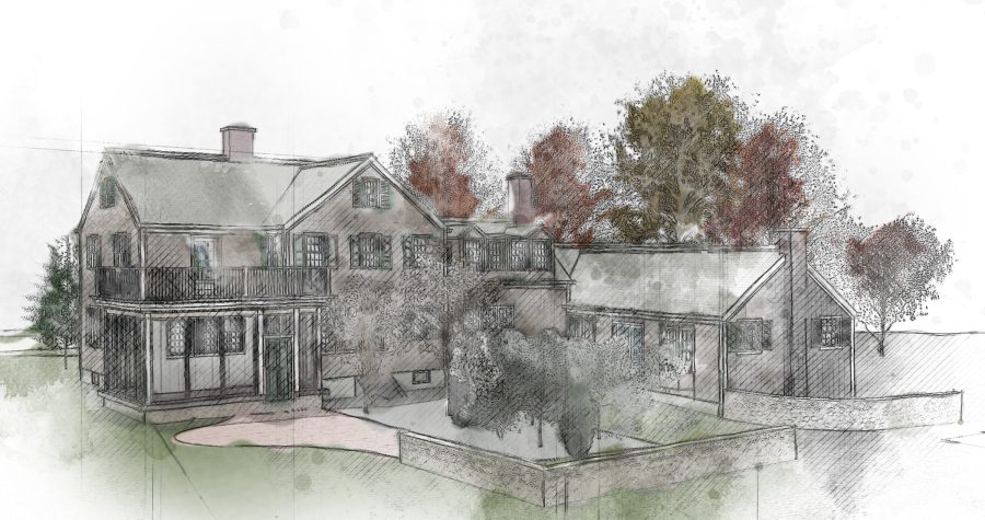 Sketch of a grand house with a backyard patio and garden.