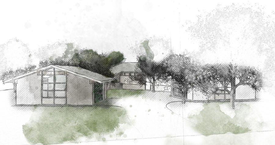 Architecture portfolio sketch: Modern house designs with green spaces.