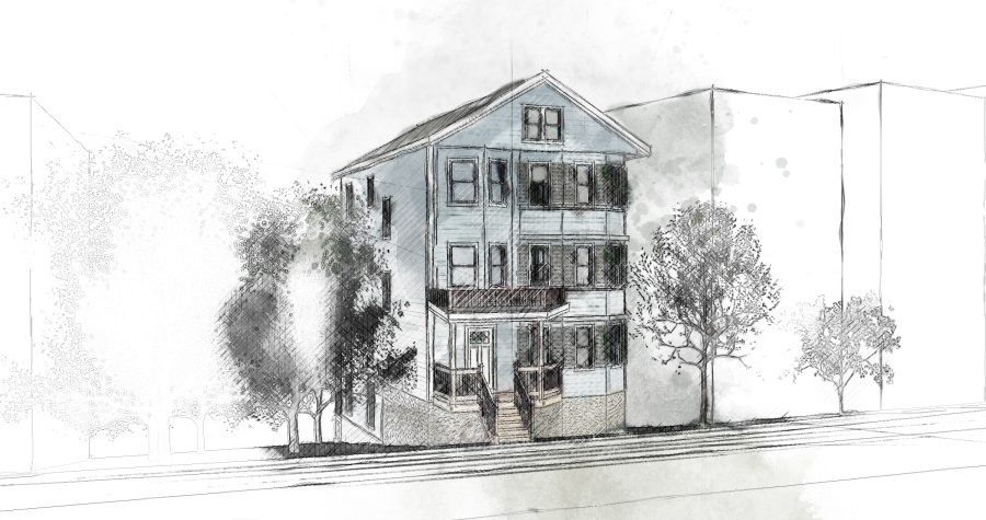 Architectural sketch of a three-story house with trees, showcasing architectural design services.