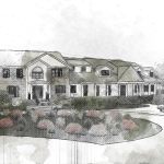 Architecture portfolio: Sketch of a large, elegant home with a circular driveway and landscaping.