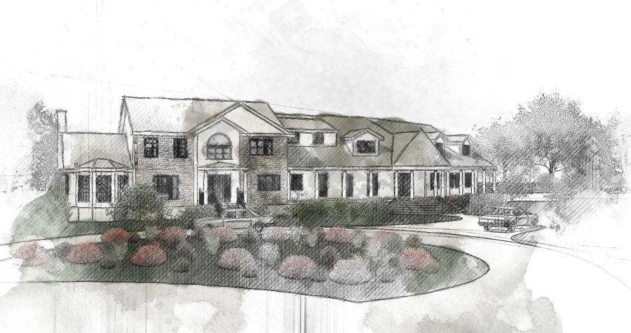 Architecture portfolio: Sketch of a large, elegant home with a circular driveway and landscaping.