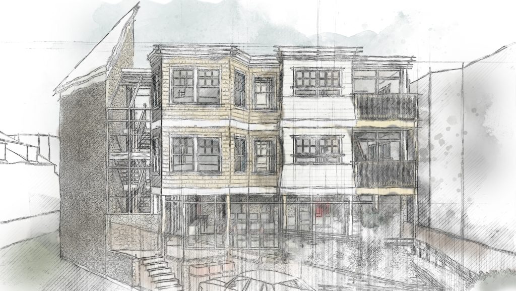 Architectural sketch of a three-story row house with bay windows and a fire escape.