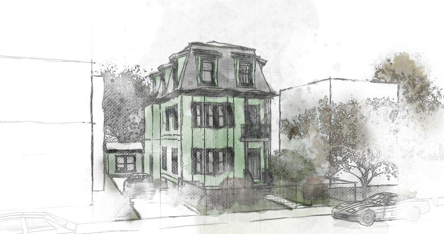 Architecture portfolio sketch of a three-story house with a mansard roof and two cars parked in front.