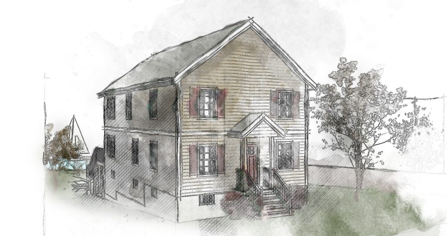 Architecture portfolio: Sketch of a two-story house with red shutters and a small front yard tree.