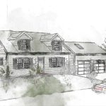 House rendering for an architecture portfolio, featuring a Cape Cod style home with a car in the driveway.
