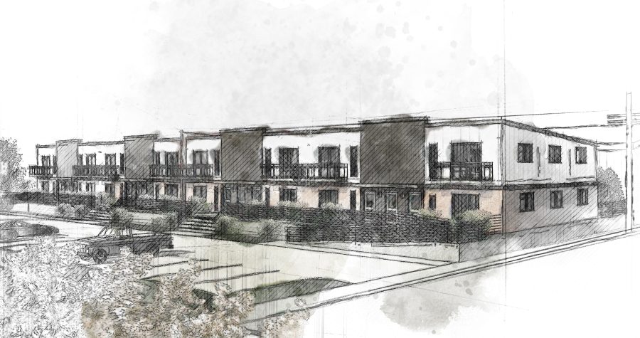 Modern townhouses showcasing architecture portfolio with clean lines and balconies.
