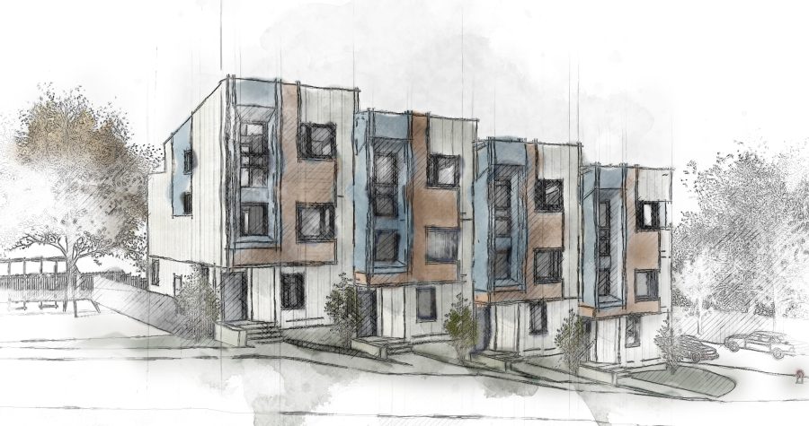 Architectural rendering of modern townhouses with blue and brown accents, set on a sloping street with trees.