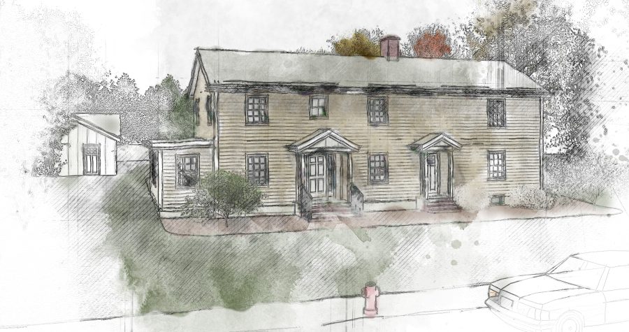 Architecture portfolio: Watercolor sketch of a two-story house with a double entrance and vintage car.