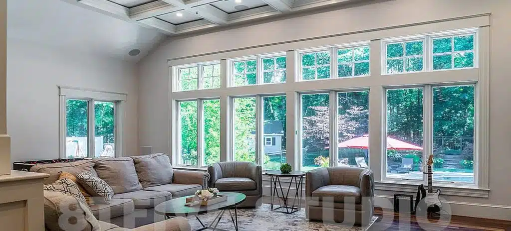 Bright living room with large windows and comfortable seating, showcasing 8TFive's quality design.
