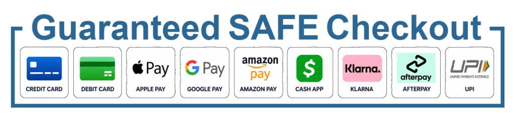 Guaranteed SAFE Checkout with Visa, Mastercard, Amex, Discover, Stripe, and PayPal logos.