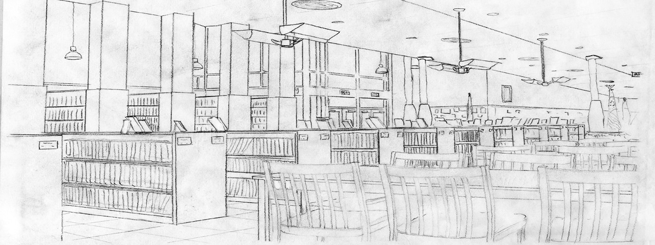 Library interior sketch showcasing architectural design services with rows of bookshelves and chairs.