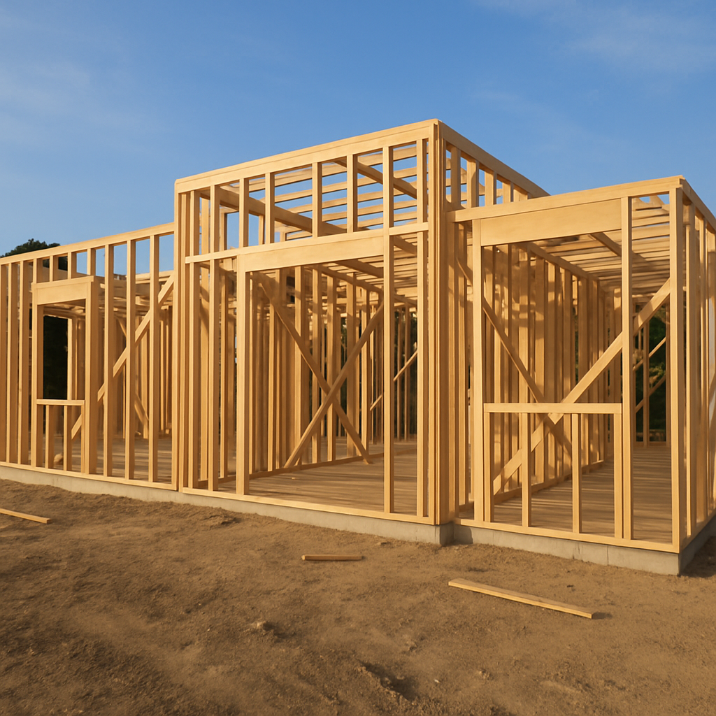 Wood framing of a house under construction against a blue sky.