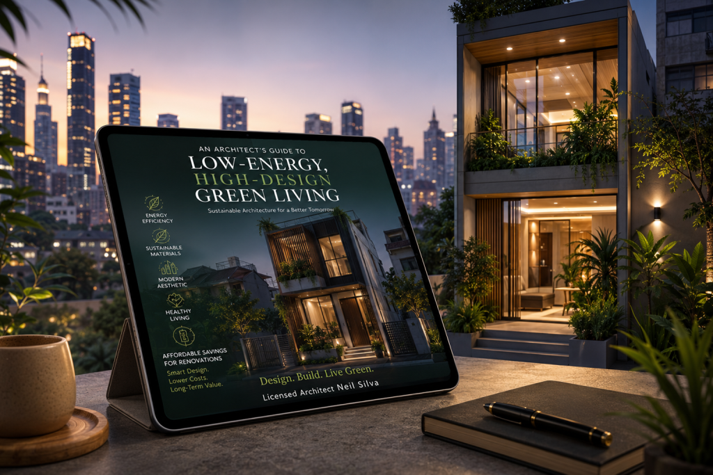 Low-Energy Green Living eBook on tablet with modern house and city skyline