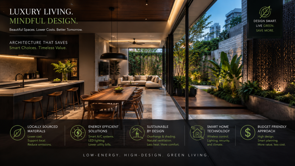 Luxury living with mindful design: modern interior, sustainable architecture, smart home tech.
