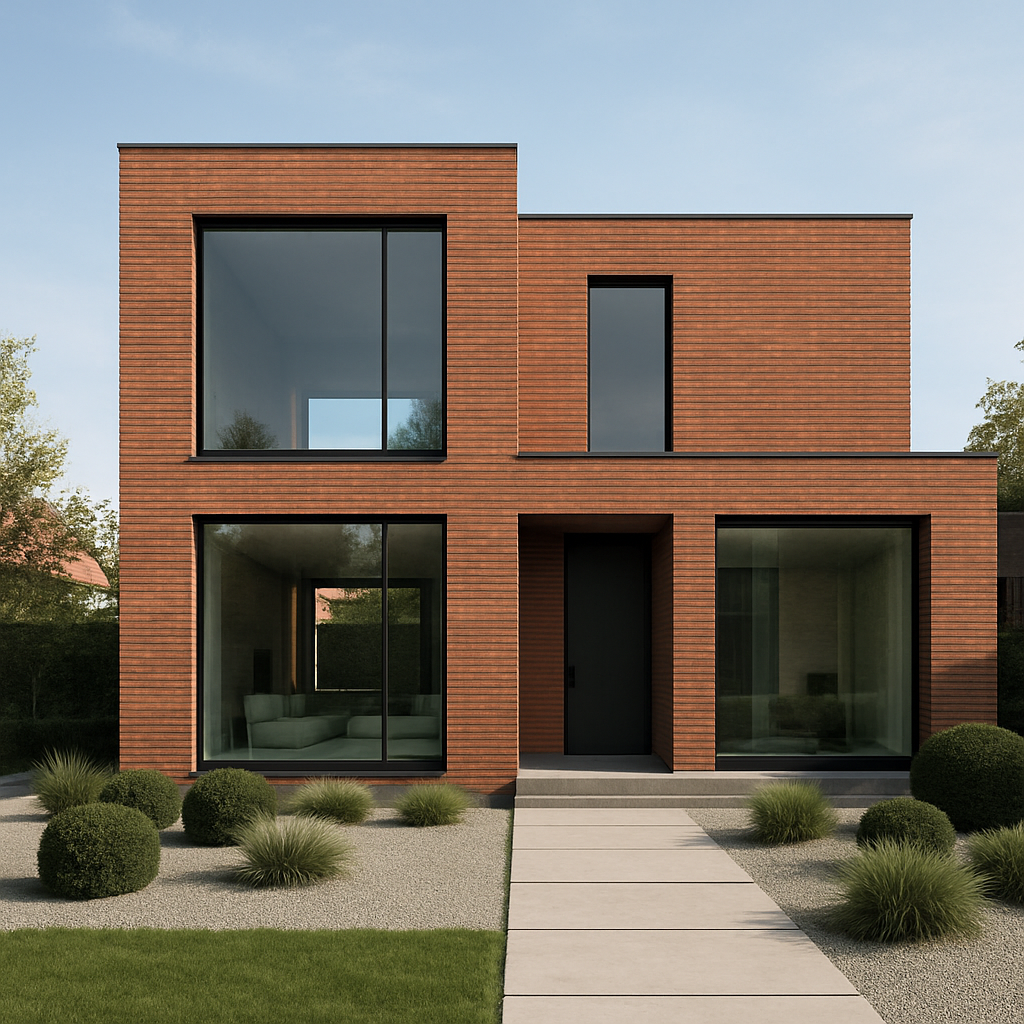 A sleek modern brick home featuring large glass windows and minimalist landscaping